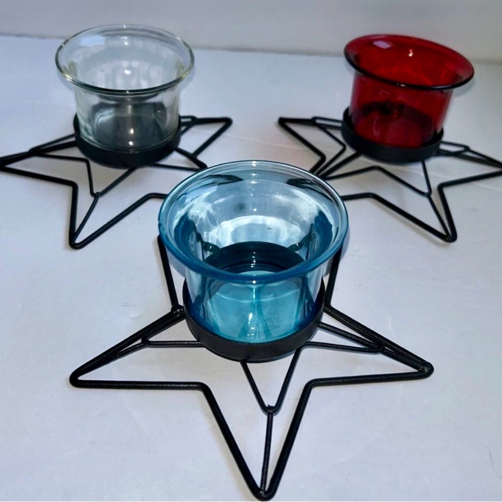 Patriotic Star Metal and Glass Votive Holders Red White Blue